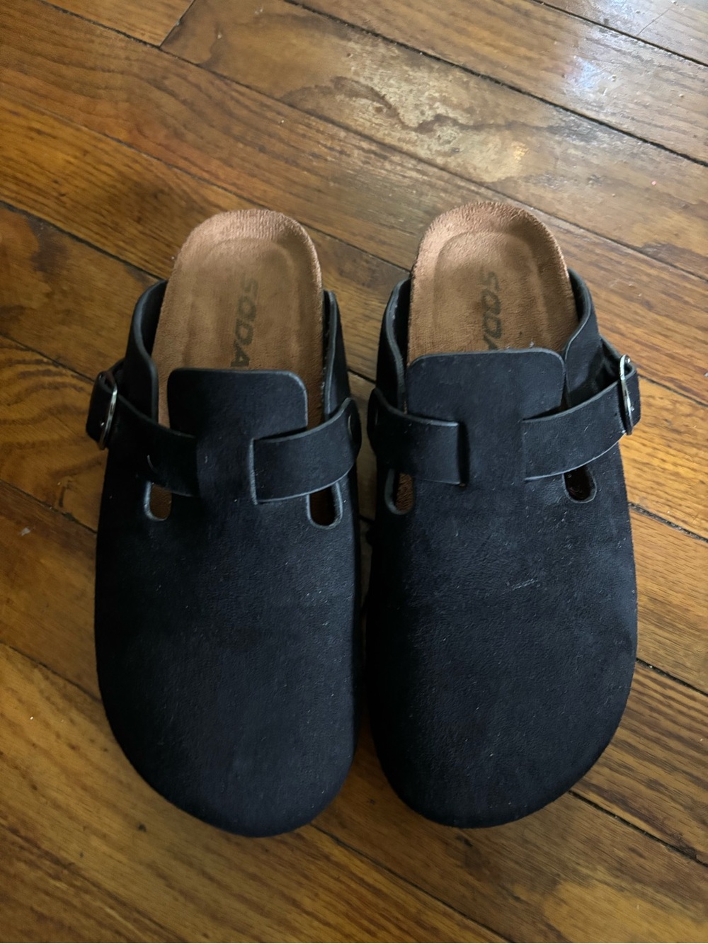 Soda Black Suede Slip-On Clogs with Buckle